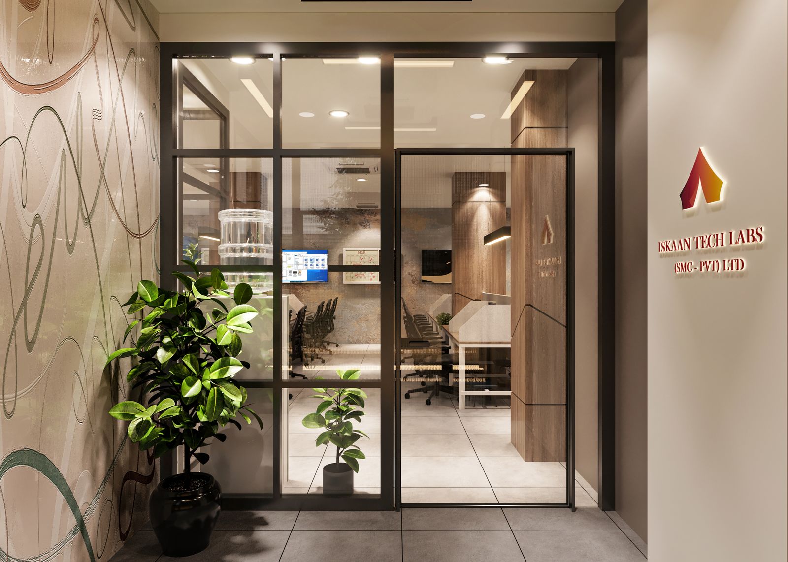 Office Branding & Design Office entrance with glass door and company signage applied as workspace branding