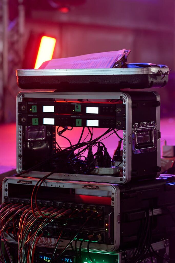pexels photo 34594386 Close-up of audio equipment with colorful stage lights at a live event, showcasing professional sound gear.